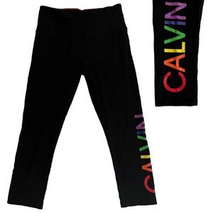 Calvin Klein Performance Black Leggings with 🌈 Rainbow “CALVIN” Logo on Leg, S